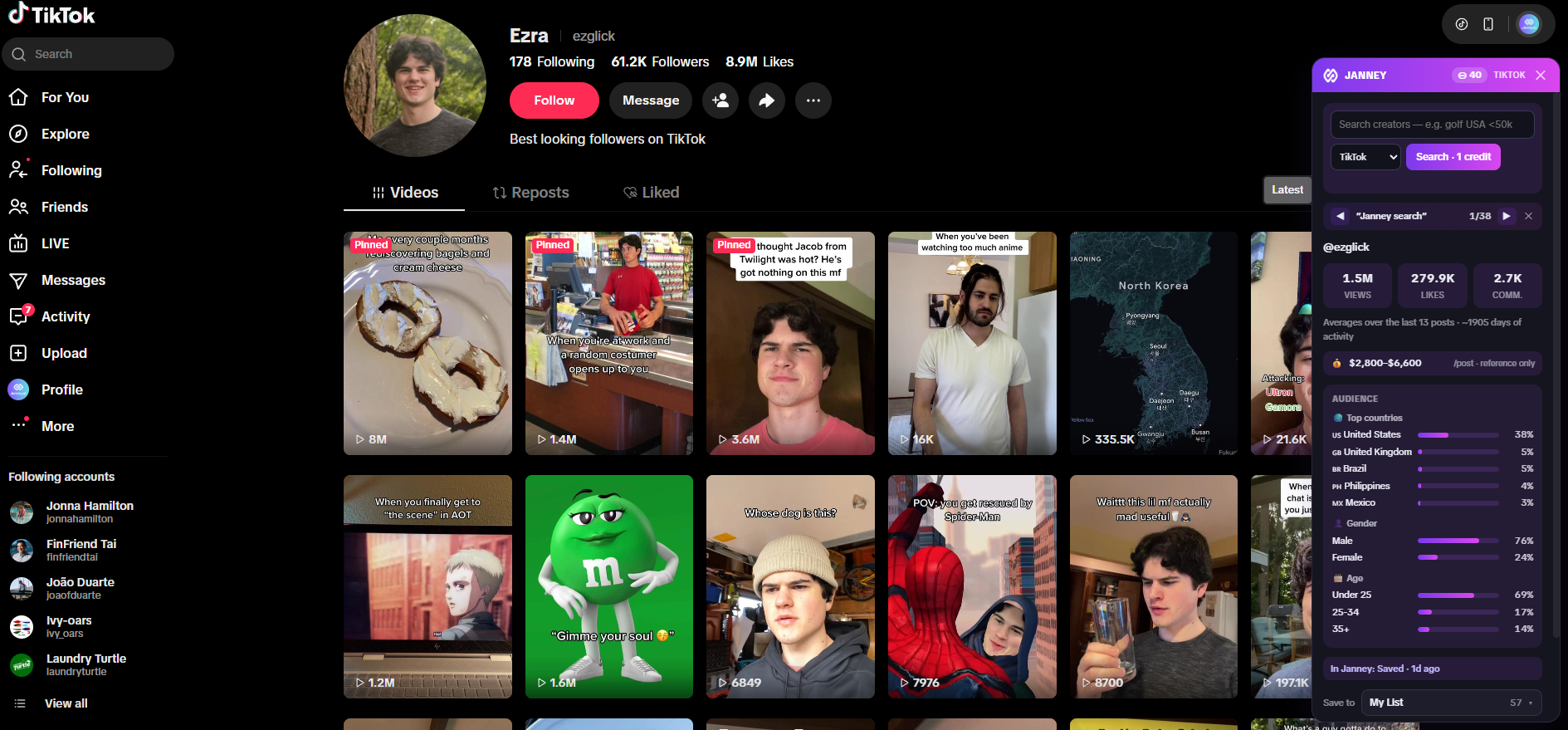 Janney Creator Review Queue sidebar showing TikTok profile analytics, estimated cost per post, and audience demographics