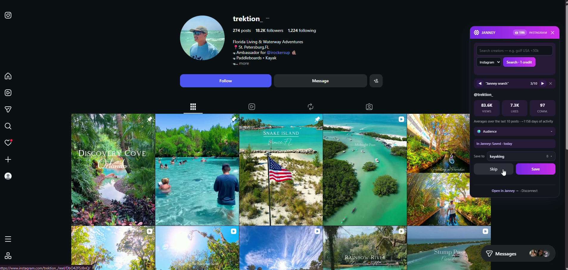 Janney sidebar running on a real creator profile with metrics and save workflow
